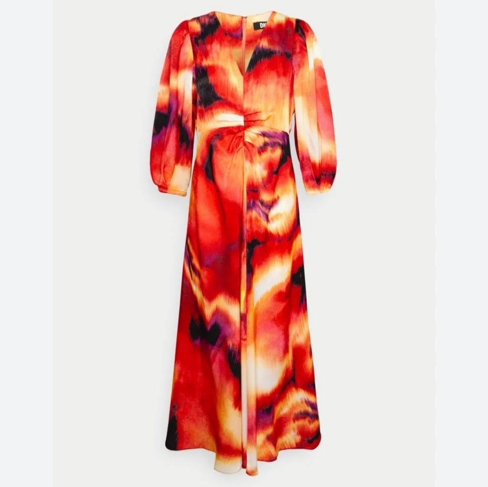 DKNY Printed Satin Midi Dress Red Orange Abstract Puff Sleeve L NWT - Picture 5 of 15